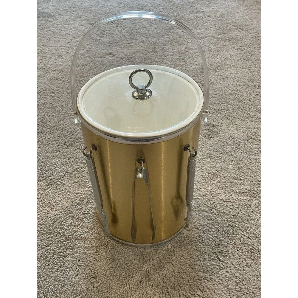 Ice Bucket Brushed Gold Silver Clear Lucite Handle & Lid 3 Tools‎ Box Vintage